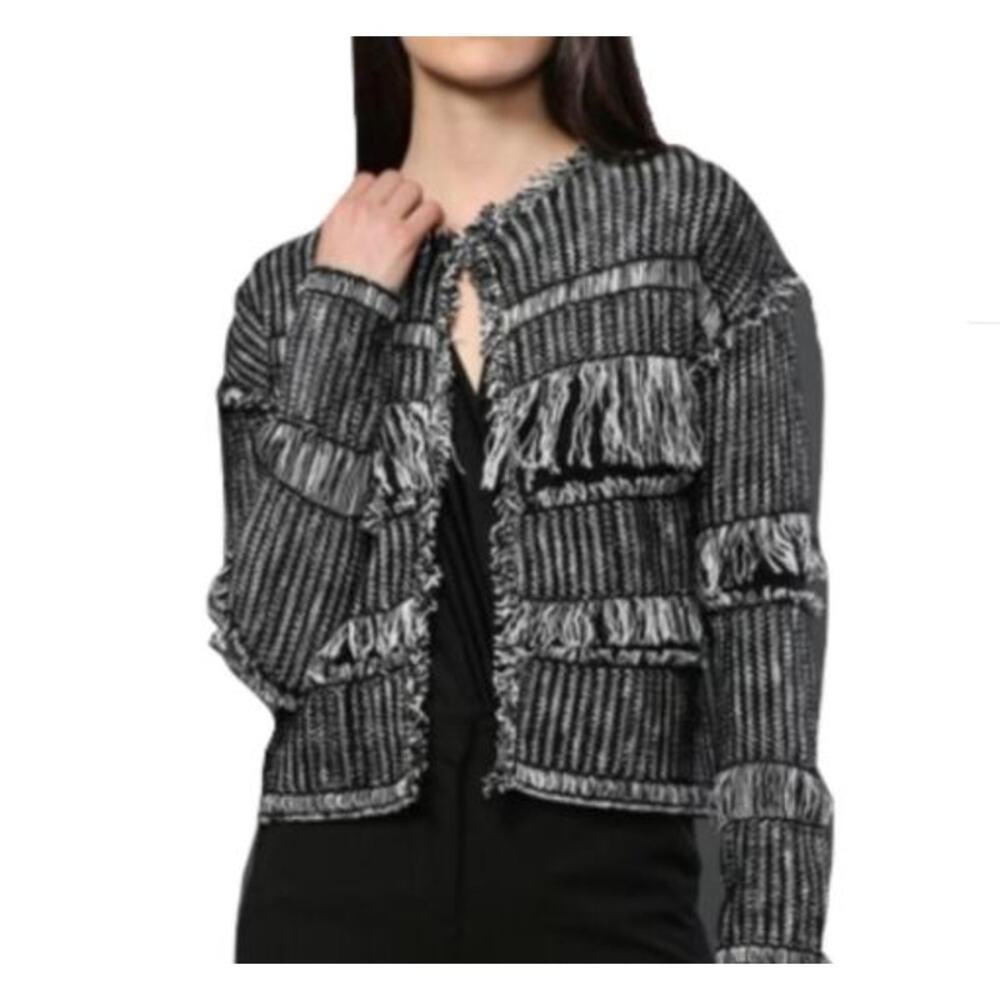 FATE by LFD Black and White Open Knit Collarless Blazer with Fringe, Sz S -- NWT